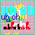 Pixelated icon with layered text and shapes on a checkered background, featuring blue, yellow, green, red, brown, white, pink, orange, and cyan elements.
