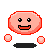 Pixelated pink oval face with black eyes and red mouth, two floating pink orbs on sides, dark gray base shape.