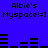 Blue background with repeated black text and horizontal line patterns in pixelated style.