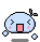 Pixelated light blue character with closed eyes, pink blush marks, and a red rectangular mouth on gray background.