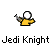 Pixel art Jedi Knight icon with yellow robe, white helmet, and silver lightsaber in multiple poses including standing, dual-sword clash, and dark figure variant.