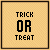 Two side-by-side pixelated display 'TRICK OR TREAT' text on a beige background with black borders; the right includes a small black heart symbol