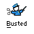 Pixelated static icon of a police officer holding scissors and a baton with the word "Busted" below, on gray background.