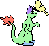 Green dragon with purple mane and blue feet holds yellow object above head; red flame on tail alternates between visible and absent across frames.