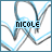 Pixelated icon with blue and gray abstract lines on white background, featuring black text 'NICOLE' in light blue rectangle.