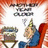 A pixelated static image shows a character in blue clothing with a green hat sitting on an orange chair, next to a small table holding a brown object.