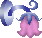 Pixelated icon of a blue and white circular shape with pink bell-like form, showing two states: one with solid pink base and another with bright glowing center.
