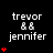Static image showing multiple instances of 'trevor' and 'jennifer' text with pixelated figures and red heart symbols on black background.