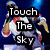 Animated pixel art of a person in white and red clothing holding a microphone, with text 'Touch The Sky' appearing on the left frame.