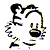 A 50x50 pixel animated contact sheet showing two frames of a Calvin and Hobbes cartoon icon with a green "OriginalIcons.com" text logo on the right side.