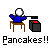 Pixel art animation of a figure in blue shirt at brown table with black box, pancake-making sequence with text below.