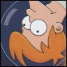 Cartoon character with large white eyes, orange hair, and a blue background, rendered in pixelated style.
