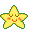 Four 32x32 pixel star-shaped cartoon characters with yellow bodies, green outlines, and orange cheeks arranged in a 2x2 contact sheet showing animation frames.