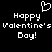 Black background with white pixelated text reading "Happy Valentine's Day!" repeated twice, a pixelated heart symbol above the text.