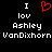 Static pixel art displays 'I ❤️ lov Ashley VanDixhorn' text with red heart symbol on black background.