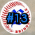 Circular icon with red and white striped border, blue stylized 'B' on right side, black box with '#13' in blue text on left side.