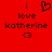 Red background with pixelated text and symbols: 'i', a heart, 'love', 'katherine', and '<3' in dark brown.
