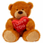 Brown teddy bear holding red heart-shaped object with white text, seated pose on white background.