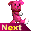A 6-frame animated contact sheet showing a pink cartoon bear walking across different poses with "Next" text banners below each frame on a gray background.