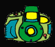 Two side-by-side pixelated camera icons with green, blue, and yellow elements; the right icon's flash emits a bright white glow.