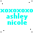Cyan text 'ashley nicole' repeated in with cyan 'XOXO' borders, scattered black dots on white background