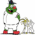 Green-skinned cartoon character in white baseball uniform with red shoes and cap, holding a bat next to a small tree-like figure.