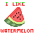 A contact sheet of 11 animated frames showing a pixelated watermelon slice with alternating "I LIKE" and "WATERMELON" text in red and green, arranged in a 4x3 grid on a white background.
