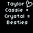 Pixelated text displays 'Taylor Cassie + Crystal = Besties' with a heart symbol replacing the 'o' in 'Taylor' on the left side of the image.