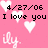 Pixelated pink background with white hearts and black text reading '4/27/06 I love you' in a retro digital style.