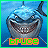 Pixelated shark face with wide grin showing teeth, blue water background, orange and green text reading 'bruce' at bottom.