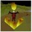 A pixelated figure with outstretched arms stands on a yellow circular base, holding a glowing yellow object above its head against a green and brown background.