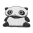 Pixelated grayscale icon of a panda with large circular eyes, black ears and limbs, and a flat mouth expression on white background.