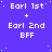 Pixelated text on a purple background with light blue dots, showing 'Earl 1st + Earl 2nd BFF' repeated in multiple and