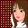 Pixelated cartoon-style female avatar with brown hair and pink lips, wearing white turtleneck sweater against maroon dotted background.