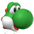 Pixelated green dinosaur-like character with large white eyes, orange cheek spots, and a rounded belly standing against gray background.