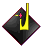 A diamond-shaped icon with a black background and red border, featuring a yellow L-shaped symbol with a small pink dot, rotating through multiple angles against a gray backdrop.