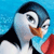 Pixelated penguin with black, white, and blue plumage, orange beak, and large eye, set against a blue background with red and black accents.