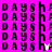 A static image with a bright pink background and repeating black text patterns, featuring animated white cursor-like shapes moving across the lower portion.