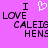 Pixelated text on a solid purple background with a white heart symbol replacing the word 'love' in the phrase 'I love Caleigh Hens'.