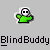 Animated contact sheet of a green cartoon character with black-and-white soccer-ball head performing sequential hand gestures across nine frames, each frame labeled with text like "BlindBuddy" or apology phrases.