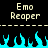 Pixelated text "Emo Reaper" appears above a horizontal dashed line, with blue flame-like shapes below on black background.