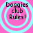 Four identical circular icons with cyan rings on a pink background, each displaying "Doggies club Rules!" in black text.