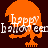 Pixelated orange and brown skull with 'Happy Halloween' text over dark brown background, showing animation frames with color shifts.