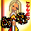 Pixel art cheerleader icon with two animation frames showing a blonde character holding pom-poms and red text on yellow background.