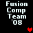 Four identical pixelated text blocks reading 'Fusion Comp Team '08' on black background with red heart symbols in different positions.