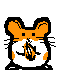 Pixelated hamster character with orange ears and white face holding various food items in a of expressions