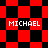 Red and black checkered pattern with four instances of the text "MICHAEL" in white pixelated font across the image.