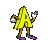 Animated contact sheet of a yellow stick-figure character shaped like the letter A performing various running and gesturing motions with white-gloved hands, purple shoes, green ankle accents, brown limbs, and a gray background.