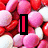 A pixelated image of pink, red, and white heart-shaped candies with overlaid text elements.