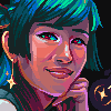 Pixel art portrait of a person with teal and blue hair, red eyes with green highlights, wearing star-shaped earrings and a dark top.